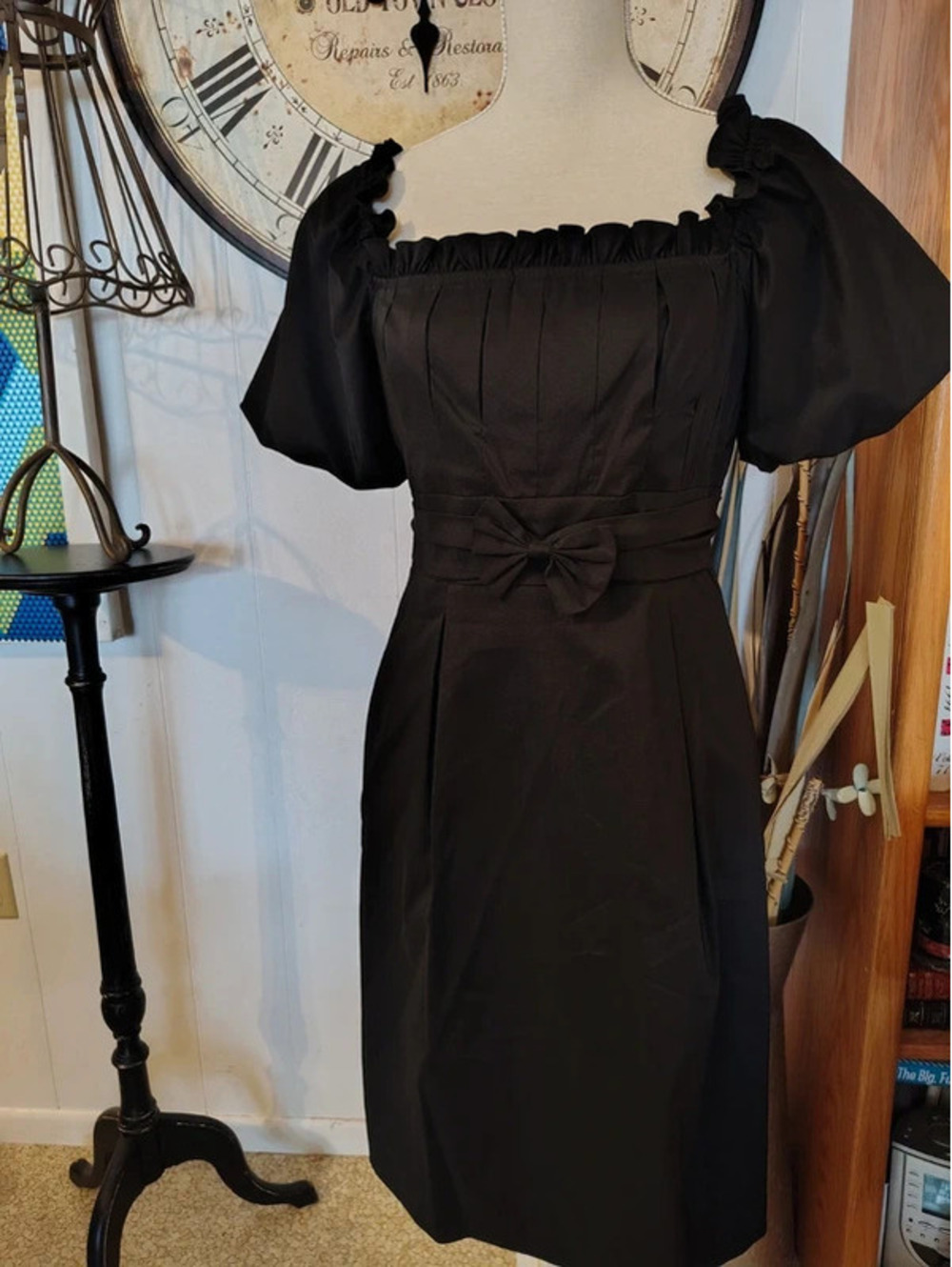 Adrianna Papell Vintage Black Puff Sleeve Dress with Bow 6